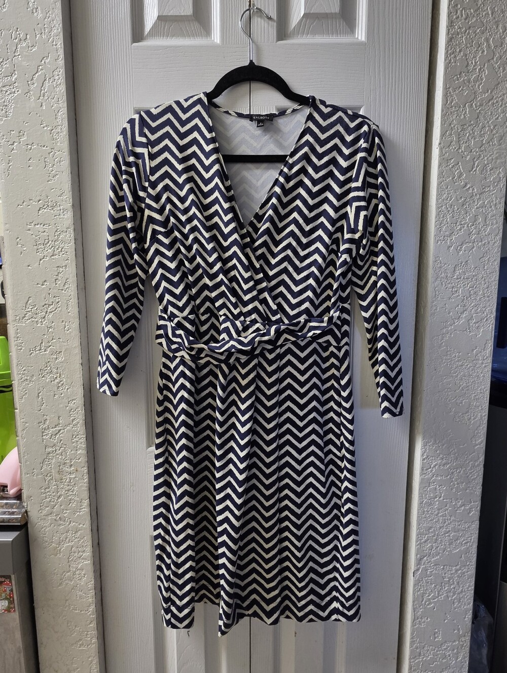 Talbots Navy and White Chevron Faux Wrap Dress S